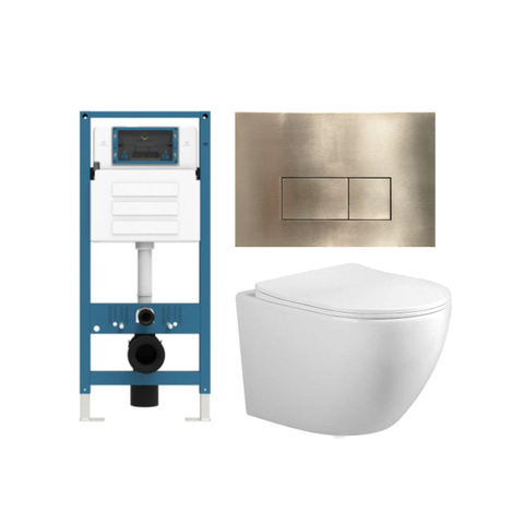 Adema Salina 2.0 Ensemble WC - 48.5x36x32cm - cuvette profonde - sans bride - réservoir encastré QeramiQ - softclose - quickrelease - abattant WC - plaque de commande métallique or brossé - boutons rectangulaires - blanc SW1474584