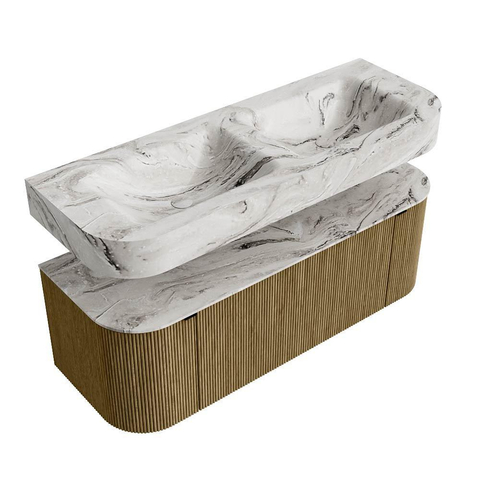 MONDIAZ THOR-DLUX 130cm meuble de salle de bains arrondi gauche + droite couleur Dusk avec 1 tiroir et 2 portes. Vasque suspendue CLOUD Double sans trou de robinet couleur Glace. SW1463637