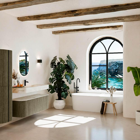 MONDIAZ THOR-DLUX 140cm badmeubel ronding links + rechts kleur Shadow met 1 lade en 2 deuren. Vrijhangende wastafel CLOUD Midden 1 kraangat kleur Ostra. SW1464452