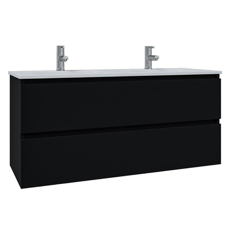 Saniclass Chaci Meuble de salle de bain - 120x46x55cm - lavabo en céramique blanc - 2 vasques - 2 trous de robinet - 2 tiroirs - ronde miroir avec éclairage - noir mat SW816306