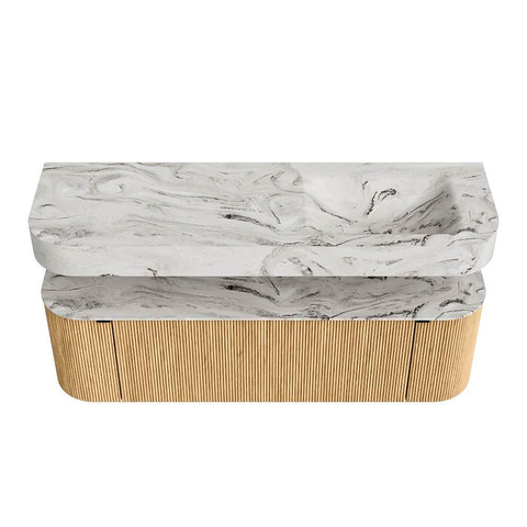 MONDIAZ THOR-DLUX 150cm badmeubel ronding links + rechts kleur Oak met 1 lade en 2 deuren. Vrijhangende wastafel CLOUD Rechts zonder kraangat kleur Glace. SW1464593