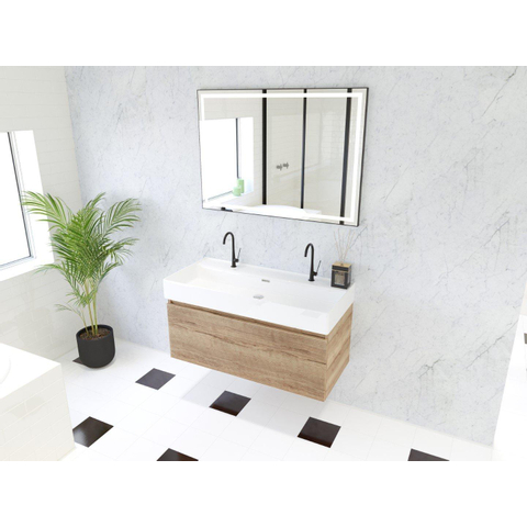 H&R Badmeubelen Matrix 3D badkamermeubelset 100cm 1 lade greeploos met greeplijst in kleur French oak met wasbak kube 2 kraangaten wit SW857072