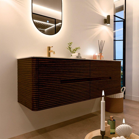 Mondiaz CIRO-DLUX Badkamermeubelset - 150x45x50cm - Solid surface wastafel Ostra - 1 wasbak Links - 1 kraangat - 4 lades - Walnut SW1533778