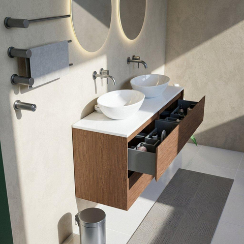 Saniclass Holz Pure Ensemble meuble de salle de bains - 140x45x62.5cm - plan supérieur Torino en solid surface blanc - sans trou de robinet - 4 tiroirs - noyer pure mat (bois) SW1478826