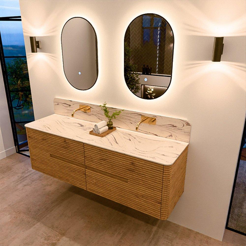 Mondiaz CIRO-DLUX Meuble de salle de bains - 160x45x50cm - Plan-vasque solid surface Nata - 2 lavabos Double - sans trous pour robinet - 4 tiroirs - Chêne SW1531481