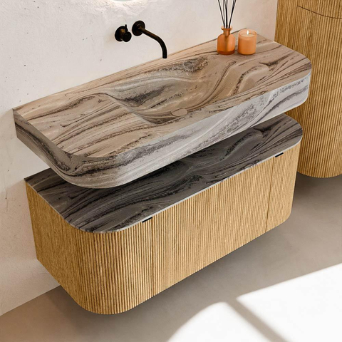 MONDIAZ THOR-DLUX 110cm badmeubel ronding links + rechts kleur Oak met 1 lade en 2 deuren. Vrijhangende wastafel CLOUD Midden zonder kraangat kleur Sombra. SW1463054