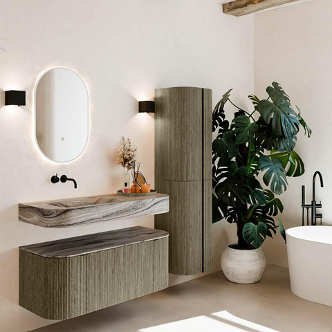 MONDIAZ THOR-DLUX Meuble de salle de bains 110cm arrondi gauche + droite couleur Shadow avec 1 tiroir et 2 portes. Vasque suspendue CLOUD Gauche sans trou de robinet couleur Sombra. SW1463024