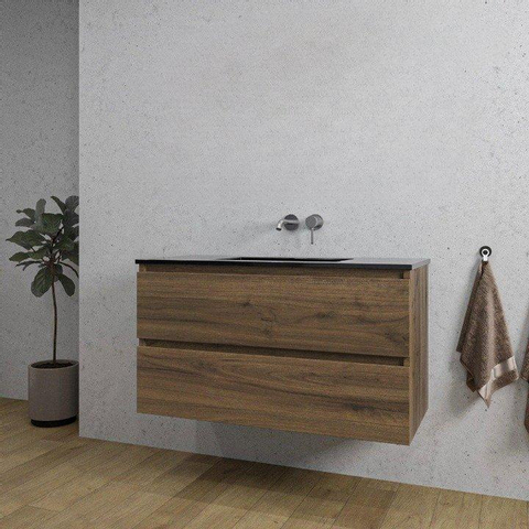 Saniclass Chaci Meuble de salle de bain - 100x45x55cm - lavabo en céramique noir mat - 1 vasque - sans trou de robinet - 2 tiroirs - noyer SW809383