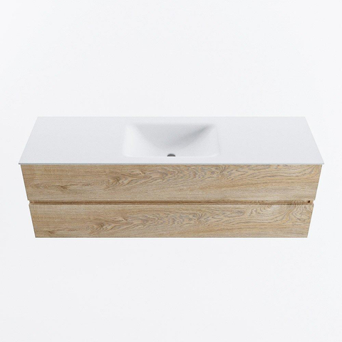 MONDIAZ VICA meuble sous lavabo 150cm Chêne blanchi 2 tiroirs. Lavabo CLOUD central sans trou de robinet, couleur Talc. SW1381857
