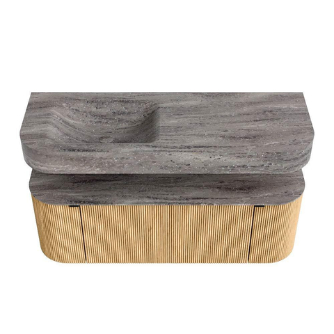 MONDIAZ THOR-DLUX 130cm meuble de salle de bains arrondi gauche + droite couleur Oak avec 1 tiroir et 2 portes. Vasque suspendue CLOUD Gauche sans trou de robinet couleur Oza. SW1463954