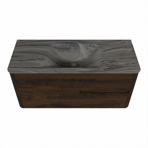 Mondiaz CIRO-DLUX Badkamermeubelset - 110x45x50cm - Solid surface wastafel Sombra - 1 wasbak Midden - zonder kraangaten - 2 lades - Walnut SW1530742