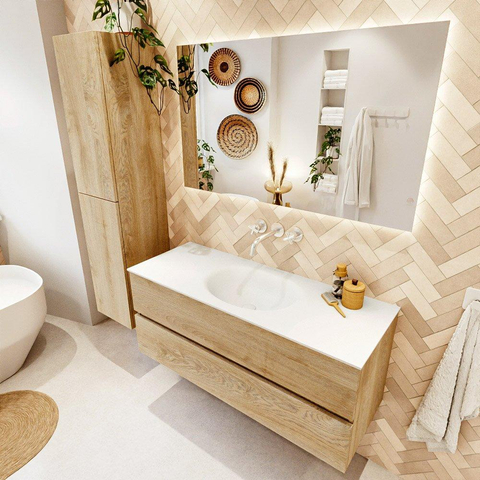 MONDIAZ VICA meuble sous lavabo 120cm Chêne blanchi 2 tiroirs. Lavabo MOON central sans trou de robinet, couleur Talc. SW1381937