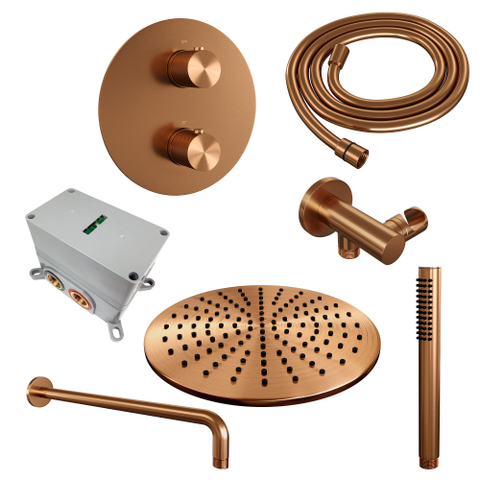 BRAUER Copper Carving douche de pluie encastrée thermostatique - 3 voies - rond - set 76 - pomme de douche 30cm - bras mural courbé - douchette barre - flexible de douche - coude d'alimentation mural - cuivre brossé PVD SW1159262