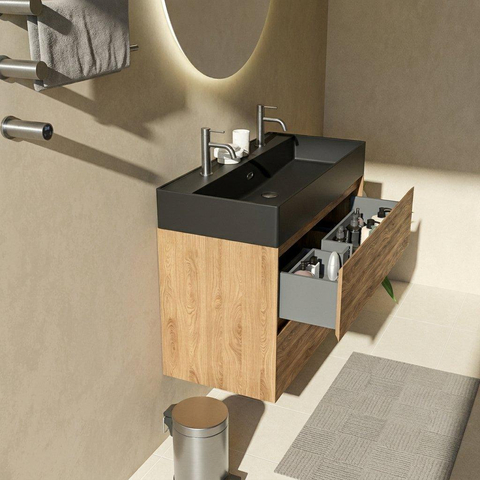 Saniclass Holz Pure Badkamermeubelset - 100x45x72cm - Legend keramische wastafel mat zwart - 1 wasbak - 2 kraangaten - 2 lades - mat eiken natural (hout) SW1580189