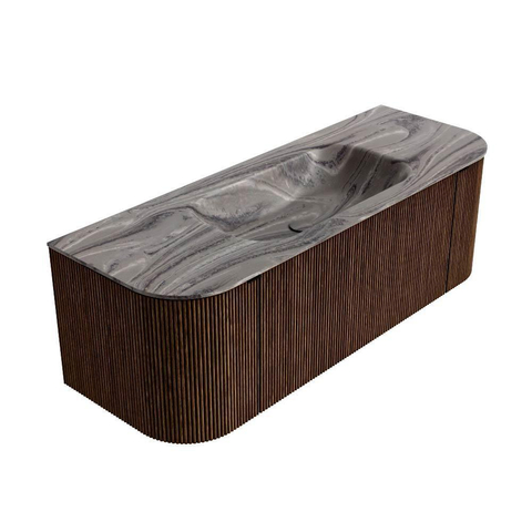 MONDIAZ KURVE-DLUX 130cm badmeubel ronding Links + Rechts kleur Walnut met 1 lade en 2 deuren. Wastafel BIG SMALL Midden zonder kraangat Sombra. SW1433651