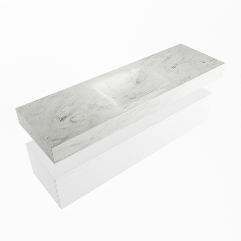 Mondiaz ALAN-DLUX Ensemble de meuble - 150cm - meuble Talc mat - 1 tiroir - Lavabo Cloud Opalo suspendu - vasque Centre - 1 trou de robinet SW806332