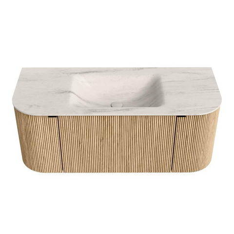 MONDIAZ KURVE-DLUX Meuble de salle de bains 110cm arrondi Gauche + Droite couleur Chêne avec 1 tiroir et 2 portes. Lavabo CLOUD Central sans trou de robinet Meli. SW1431572