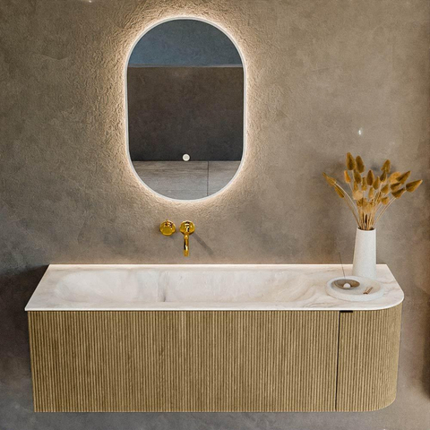 Mondiaz KURVE-DLUX Ensemble meuble de salle de bains - 135x46x40cm - 1 tiroir - 1 porte - lavabo solid surface - gauche - sans trou de robinet - Dusk SW1414901