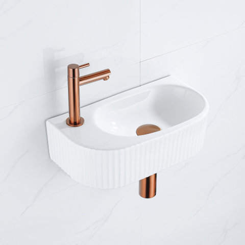 QeramiQ Fuente fonteinset – halfrond – 40x21.5x12 cm – keramiek wit glans – kraangat links – geribbeld SW1233038