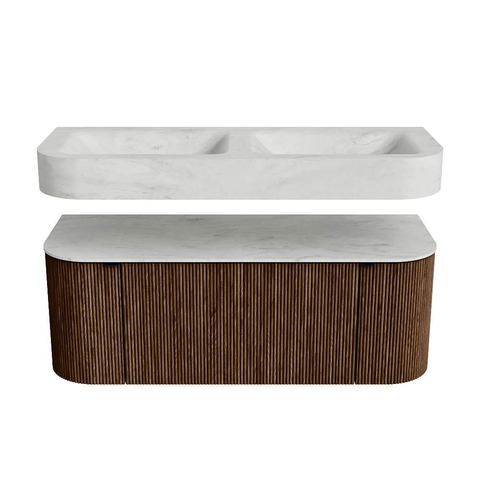MONDIAZ THOR-DLUX 120cm meuble de salle de bains arrondi gauche + droite couleur Walnut avec 1 tiroir et 2 portes. Vasque suspendue CLOUD Double 2 trous de robinet couleur Opalo. SW1463203