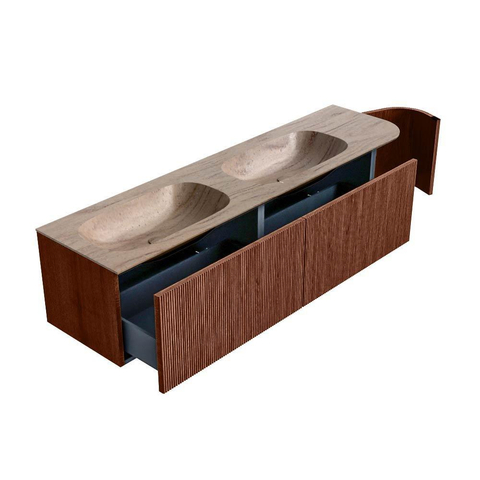 MONDIAZ KURVE-DLUX 175cm meuble de salle de bains avec arrondi à droite couleur Ruby avec 2 tiroirs et 1 porte. Lavabo STOR SMALL Double / gauche sans trou de robinet Saba. SW1433516