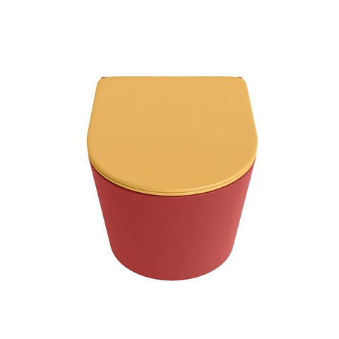 Mondiaz LAVIE hangtoilet – spoelrandloos – 36 x 53 cm – met softclose zitting – Fire (rood), zitting Ocher (geel) SW1208663