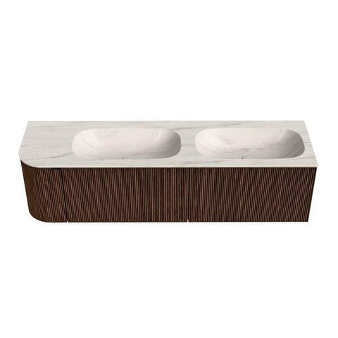 MONDIAZ KURVE-DLUX Meuble de salle de bains 165cm arrondi à gauche couleur Walnut avec 2 tiroirs et 1 porte. Plan-vasque STOR SMALL Double / Droite 2 trous de robinet Meli. SW1431739