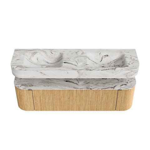 MONDIAZ THOR-DLUX 160cm badmeubel ronding links + rechts kleur Oak met 1 lade en 2 deuren. Vrijhangende wastafel CLOUD Dubbel zonder kraangat kleur Glace. SW1465011