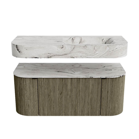 MONDIAZ THOR-DLUX 110cm badmeubel ronding links + rechts kleur Shadow met 1 lade en 2 deuren. Vrijhangende wastafel CLOUD Rechts zonder kraangat kleur Glace. SW1462886