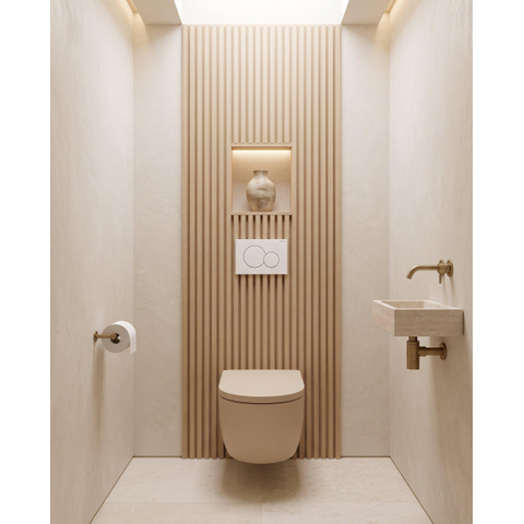 QeramiQ Dely Swirl Pack WC - 36.5x53cm - réservoir encastré Geberit UP320 - 35mm Abattant WC - plaque de déclenchement sigma blanche - boutons ronds - beige SW1138602