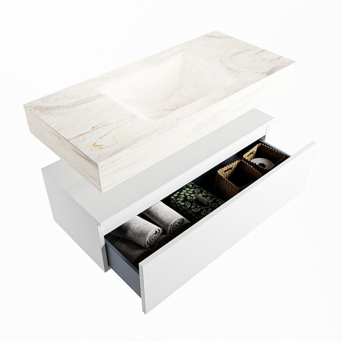 Mondiaz ALAN-DLUX Ensemble de meuble - 100cm - meuble Talc mat - 1 tiroir - Lavabo Cloud Ostra suspendu - vasque Centre - 1 trou de robinet SW806979