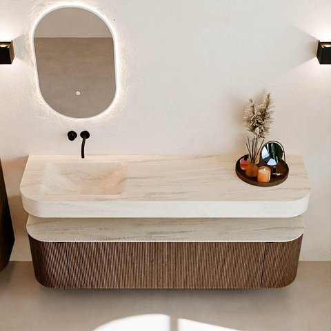MONDIAZ THOR-DLUX Meuble de salle de bains 170cm arrondi gauche + droite couleur Walnut avec 1 tiroir et 2 portes. Vasque suspendue CLOUD Gauche sans trou de robinet couleur Meli. SW1465754