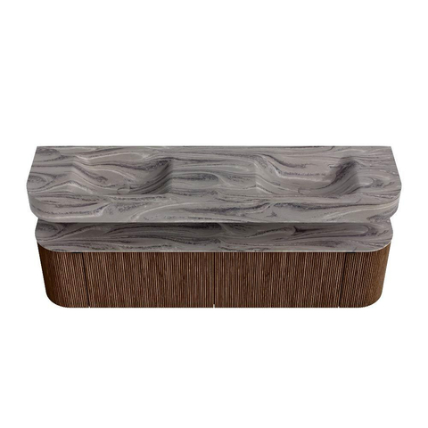 MONDIAZ THOR-DLUX 180cm badmeubel ronding links + rechts kleur Walnut met 2 lades en 2 deuren. Vrijhangende wastafel CLOUD Dubbel zonder kraangat kleur Sombra. SW1466280