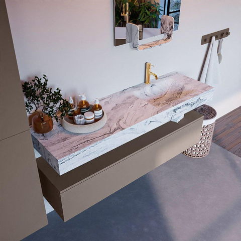 Mondiaz ALAN-DLUX Ensemble de meuble - 150cm - meuble Smoke mat - 1 tiroir - Lavabo Cloud Glace suspendu - vasque Droite - 1 trou de robinet SW805736