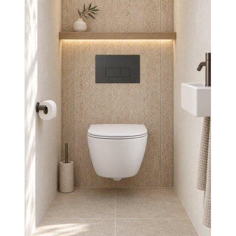 Pack WC QeramiQ Dely Swirl Compact - réservoir encastrable Geberit UP320 - avec bâti-support Burda - abattant slim - plaque de commande en plastique anthracite mat - boutons rectangulaires - blanc mat SW1595650