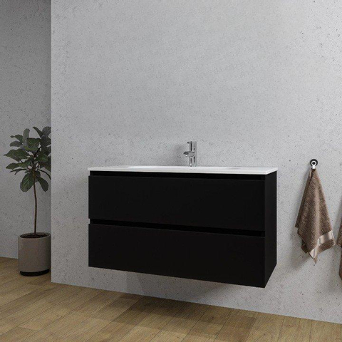 Adema Chaci Ensemble de meuble - 100x46x55cm - 2 tiroirs - 1 vasque ovale en céramique blanc - 1 trou de robinet - noir mat SW721292