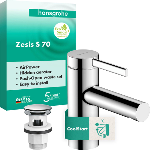 Hansgrohe Zesis s Wastafelmengkraan - 14cm - eengreeps - coolstart - push open afvoer - chroom SW1388825