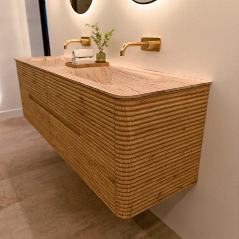 Mondiaz CIRO-DLUX Badkamermeubelset - 160x45x50cm - Solid surface wastafel Arena - 2 wasbak Dubbel - zonder kraangaten - 4 lades - Oak SW1531354