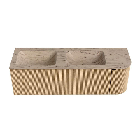 MONDIAZ KURVE-DLUX 145cm badmeubel ronding Rechts kleur Oak met 1 lade en 1 deur. Wastafel LEAF Dubbel / Links zonder kraangat Arena. SW1431133