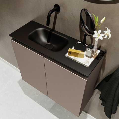 MONDIAZ TURE Toiletmeubel 60x23x50cm met 0 kraangaten 2 deuren smoke mat Wastafel Eden links Solid Surface Zwart SW475329