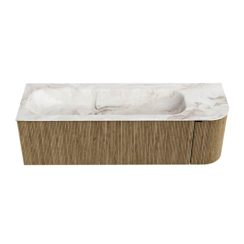 Mondiaz KURVE-DLUX Badkamermeubelset - 145x46x40cm - 1 lade - 1 deur - wastafel solid surface - links - 2 kraangaten - Dusk SW1415000