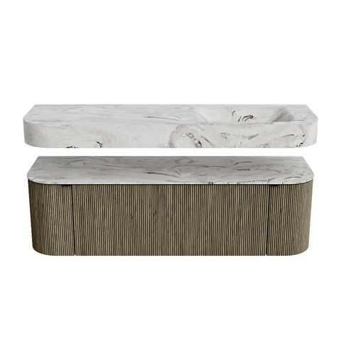 MONDIAZ THOR-DLUX 150cm badmeubel ronding links + rechts kleur Shadow met 1 lade en 2 deuren. Vrijhangende wastafel CLOUD Rechts 1 kraangat kleur Glace. SW1464682