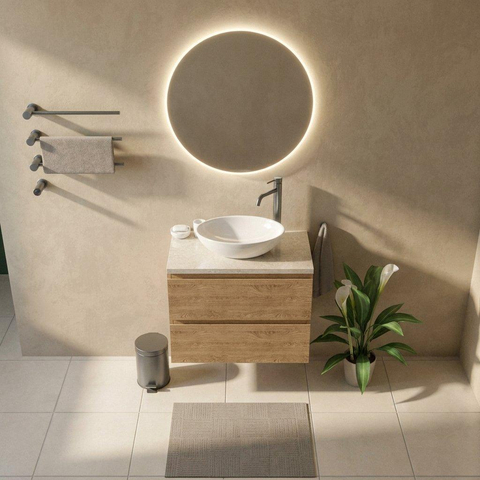 Saniclass Holz Pure Badkamermeubelset - 80x45x63cm - Travertine natuurstenen topblad - 1 kraangat - 2 lades - mat eiken natural (hout) SW1478851