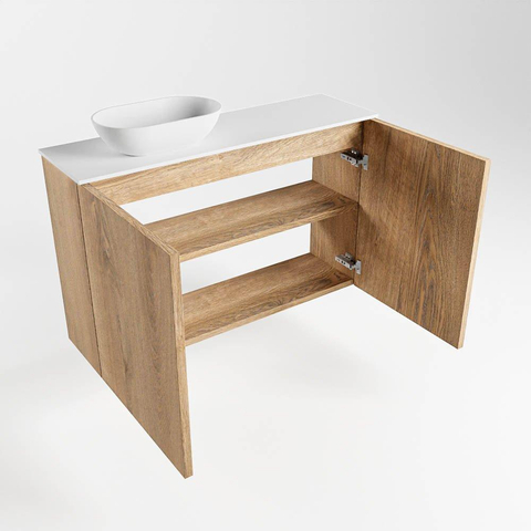 Mondiaz Fowy Meuble WC - 80x50x23cm - chêne blanchi mat - 1 trou de robinet - lavabo à gauche - 2 portes - solid surface - plan Mélamine - lavabo : blanc SW761430