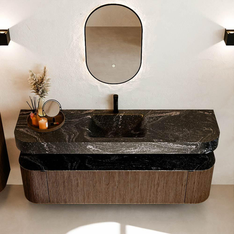MONDIAZ THOR-DLUX 170cm meuble de salle de bains arrondi gauche + droite couleur Walnut avec 1 tiroir et 2 portes. Vasque suspendue CLOUD Milieu 1 trou de robinet couleur Lava. SW1465574