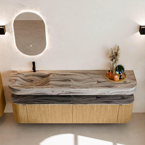 MONDIAZ THOR-DLUX Meuble de salle de bains - 190cm - arrondi gauche + droite - couleur Oak - 2 tiroirs et 2 portes - Vasque suspendue CLOUD Gauche 1 trou de robinet - couleur Sombra SW1466688
