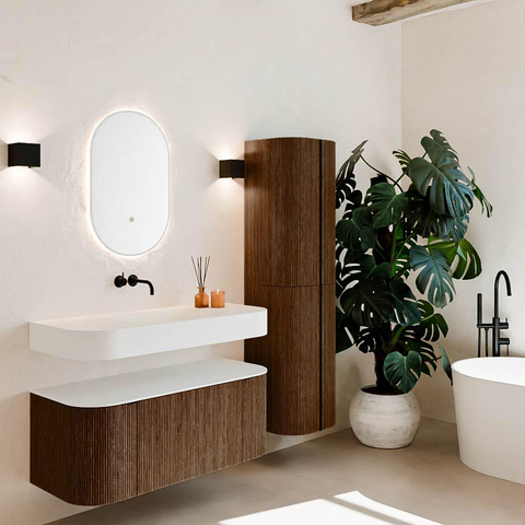 MONDIAZ THOR Meuble de salle de bains 110cm arrondi gauche + droite couleur Walnut avec 1 tiroir et 2 portes. Vasque suspendue CLOUD Milieu sans trou de robinet couleur Talc. SW1462748