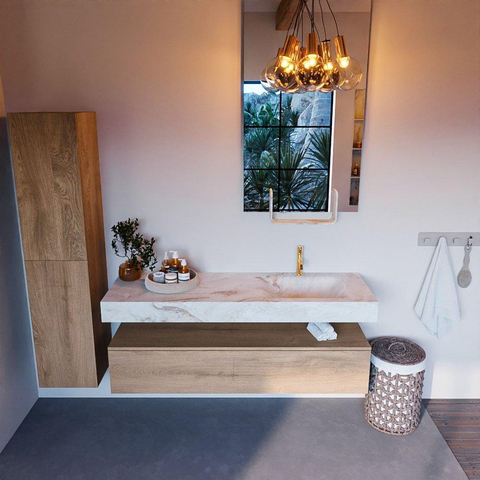 Mondiaz ALAN-DLUX Ensemble de meuble - 150cm - meuble Washed Oak mat - 1 tiroir - Lavabo Cloud Frappe suspendu - vasque Droite - 1 trou de robinet SW808708