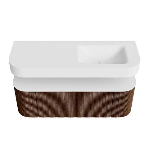 MONDIAZ THOR 130cm meuble de salle de bains arrondi gauche + droite couleur Walnut avec 1 tiroir et 2 portes. Vasque suspendue CLOUD droite sans trou de robinet couleur Talc. SW1463567