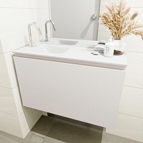 MONDIAZ OLAN Toiletmeubel 80x30x40cm met 1 kraangaten 1 lades linen mat Wastafel Lex links Solid Surface Wit SW473416